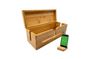 Solid Wood Cable Storage Box with Lid Premium Wooden Cord Organizer for Desk, Power Strip, Router & Wire Management