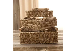 Wholesale Custom Grass Woven Wood Handle Handmade Straw Woven Desktop Storage Basket Storage Box