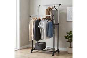 Modern Steel Double Rod Coat Rack with Storage Shelf and Wheels for Bedroom Living Room Furniture