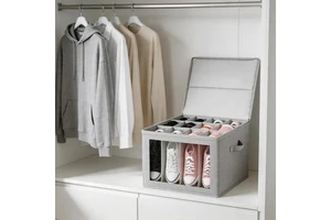 Authentic 12 Compartment Foldable Fabric Shoe Storage Box with Clear Window, Dustproof Closet Shoe Organizer