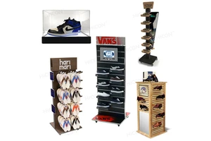 Shoe Store Adjustable Wood Slatwall Fixture Sandal Flip Flop Slippers Sneaker Shoe Box Display Rack Stand With Wheels