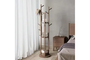 Coat Rack Solid Wood Rotary Coat Rack Stand Freestanding Coat Rack with 3 Shelves and 9 Hooks