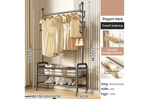 Iron Modern Double-Layer Multi-Functional Coat Rack with Mesh Storage Baskets for Bedroom Hotel Use Durable Space-Saving Design