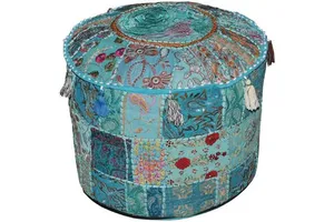 Traditional Rajasthani Patchwork Cotton Retractable Bamboo Rattan Handicraft Foot Stool Cover Festive Christmas Decor Pouf