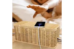 Jiaxiang Hand Woven pp Rattan Cable Management Box Cable Organizer with 2 Open Slots Perfect for Home and Office Use