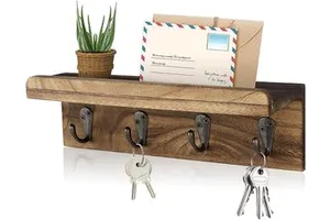 Rustic Farmhouse Wall Mounted Wooden Key Holder with 4 Hooks and Mail Organizer Foldable Design Brown 33x15x85cm