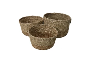 Round Wicker Woven Seagrass Storage Baskets with Leather Handles Natural Decorative Braided Rope Wicker Baskets Bins