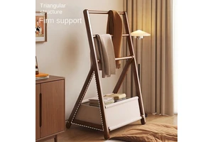 Foldable Floor Standing Bedroom Coat Rack with Bedside Hanger and Clothes Storage