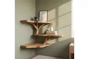 Rustic Tree Branch Wooden Floating Shelf Wall Mount Natural Log Root Multi Level Corner Storage Ledge Plant Display Rack