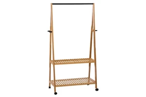 Bamboo Coat Rack with 2 Tier Storage Shelves Side Hooks Multifunctional Bamboo Garment Rack for Shower Bedroom Balcony