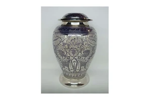 Brass Large Silver and Blue Vintage Adult Brass Cremation Urns Human Ashes with Free Velvet Bag