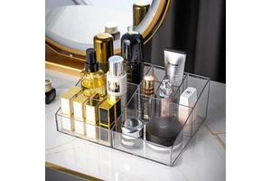 YIMEI YM-6280 Clear Glass Modern Organizer Storage Box Compartments Lid 1-3L Capacity Stackable For Desk/Bathroom Cosmetic