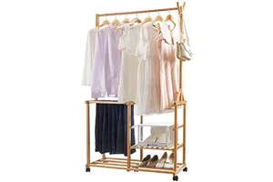 Garment Rolling Coat Rack Multifunctional Hanging Organizer 3 Layers Storage Shelves Bamboo Clothing Rack with Wheels
