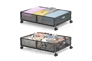 Foldable Metal Rolling Underbed Storage Organizer with Container Rack Wheels Lid Shoe Clothes Drawers for Bedroom Organization