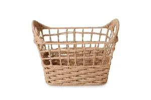 Openwork Grid Weave Paper Rope Storage Basket with Handles Rectangular Natural Boho Farmhouse for Home Retail Office Organizer
