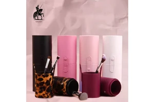 Factory Wholesale Cylinder Private Label Pink Makeup Brush PU Logo Leather Luxury Travel Custom Case Box Makeup Bag