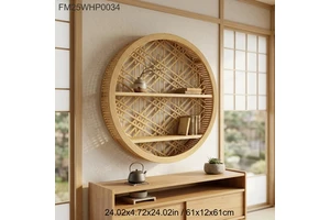 Round Rattan Wall Mount Shelf Handwoven Bamboo Wall Display Rack 2-Tier Wooden Floating Shelves Home Decor Storage Organizer