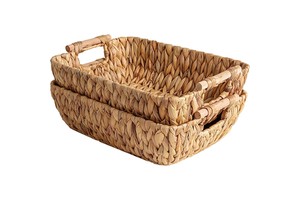 Hand-Woven Large Storage Baskets With Wooden Handles, Water Hyacinth Wicker Baskets For Organizing