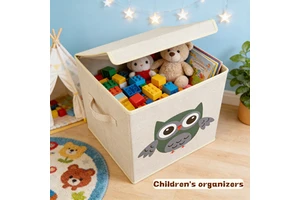 Beige Linen Owl Cartoon Kids Toy Storage Box With Lid - Foldable Fabric Organizer Bin For Nursery & Playroom
