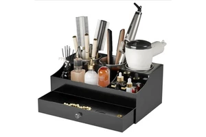 Black Acrylic Rectangle Modern Multifunction Desktop Hair Dryer Organizer Holder 3 Stainless Cups for Bathroom Makeup Storage