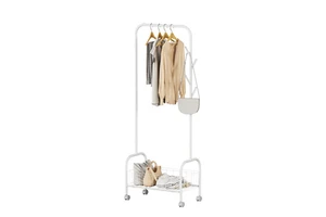 Movable White Iron Multifunctional Coat Rack with Wheels for Bedroom and Living Room Storage