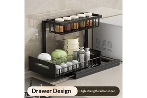 2-Tier Kitchen Organizer Sliding Drawer Storage Rack Under Sink Organizer Carbon Steel Spice Rack Countertop Cabinet Pantry