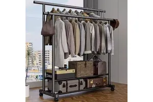 Large Capacity Custom Modern Space-Saving Movable Double Rod Coat Rack Storage Organizer Shelves Bedroom Bathroom Balcony Metal