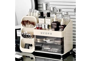 Rectangle Plastic Desktop Cosmetic Storage Box for Dressing Table Household Skin Care & Makeup Organizer with Dustproof Design