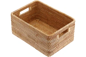 High-quality Rectangular Hand-woven Rattan Basket with Handle, 13.8x9.8x6.3, Multi-purpose Storage Box