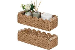 Handmade Scalloped Edge Paper Rope Storage Basket With Wooden Handles Boho Rectangular Bathroom Toilet Paper Organizer Bin
