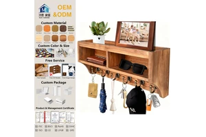 Foldable Eco-Friendly Wood Wall Mount Key Holder & Mail Organizer with 6 Key Hooks and Storage Box for Entryway