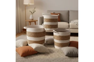 Woven Blanket Storage Basket with Handle Cotton Rope Basket
