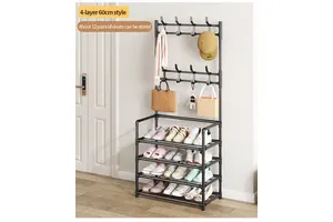 Shoe and Coat Rack Combo, Metal Storage Stand with Hooks for Hallway Entry