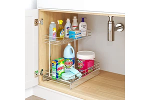 2 Tier Pull Out Cabinet Organizer Wire Basket Heavy Duty Slide Out Kitchen Cabinet Storage Organization Sliding Shelves