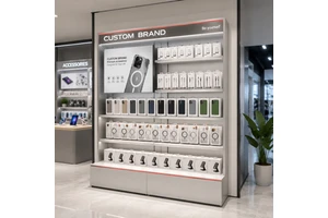 Premium Wall Display Rack With LED Lighting And Adjustable Shelves For Mobile Store Interior Design And Retail Shopfitting
