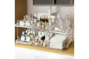 Thickened PET 2-Tier Pull-Out Drawer Organizer Removable Dividers for Home Desktop Kitchen Bathroom Under Sink Cabinet Storage