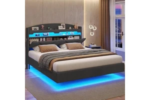 King Size Padded Bed With Charging Station And Hidden Storage Headboard Does Not Require Spring Box Dark Grey