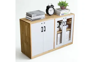Natural Wood File & Desk Cabinet with Glass Doors for Office Organization THS68063