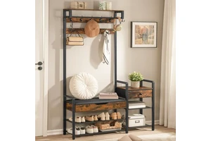 Rustic Brown Black 5 in 1 Wood Coat Rack with Bench Flip Storage Box Coat Hooks Shoe Rack Entryway Organizer