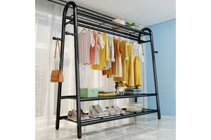 Multifunctional Large Capacity Floor Standing Metal Coat Rack With Hooks and Storage Shelves for Bedroom Use