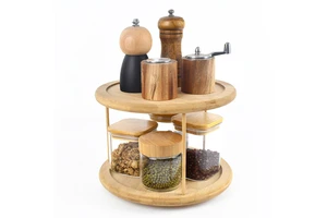 2 Tier Bamboo Lazy Susan Turntable 360 Rotating Organizer for Kitchen Cabinet Countertop Spice Jar Storage Rack