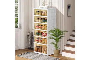 Foldable Plastic Storage Shoe Rack Organizer Injection-Technics Stackable Sneaker Shoe Storage Cabinet Magnetic Clear Door