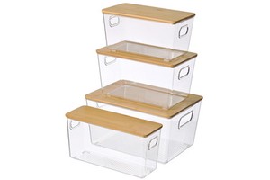 Clear Plastic Storage Basket Bin Bamboo Cover Lids PET Bin with Bamboo Lid Storage Box Container with Handle Wood Bamboo Lid