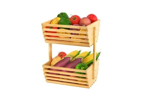 Large Capacity Bread Vegetable Storage Containers Bowl 2 Tier Bamboo Drain Fruit Basket For Kitchen Countertop