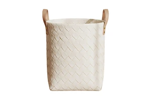 Woven Leather Storage Basket Collapsible Organizer Bin with Side Handles for Bedroom Nursery Closet