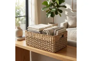 Natural Seagrass Hyacinth Woven Basket With Handles, Medium Rectangular Organizer Bin For Bedroom Pantry Shelves Home Decor