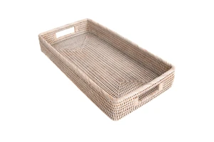 Detailed Design Rattan Basket Tray with Handles/ Hand Woven Serving Tray/ Decor Storage Basket Wholesale