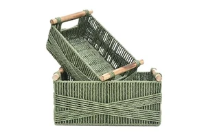 Woven Storage Basket with Wooden Handles, Water Hyacinth Storage Basket, Green Color