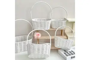 White Woven Plastic Rattan Handle Basket Gift Storage for Wedding Flower Fruit Picnic Home Organizer Multiple Sizes