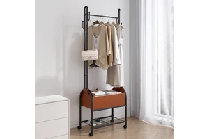 Modern European Iron Heavy Duty Metal Cloth Hanger Coat Rack Leather Storage Basket Easy Assembly Space-Saving Living Room